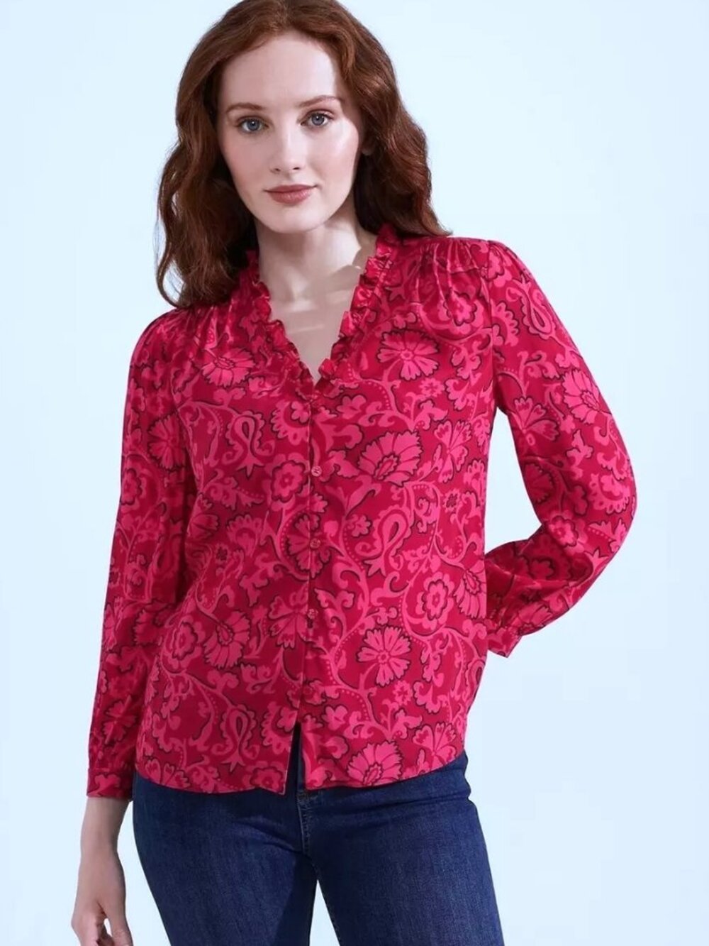 Hobbs Gloria Blouse Pink Floral Frill Collar Button Front Lightweight Size 4 US